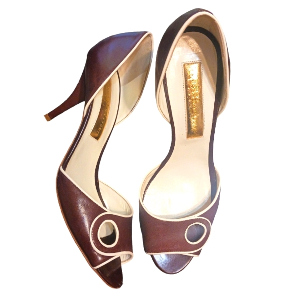 Rupert Sanderson Brown and Cream Peep Toe Heels
